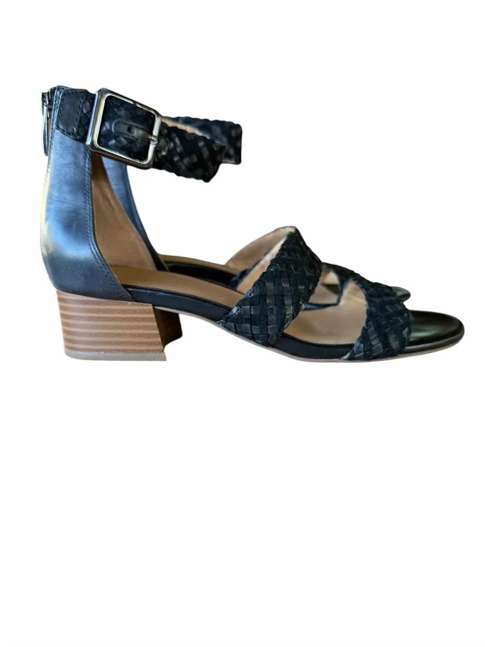Franco Sarto Black Tate Woven Leather and Fabric Block Heel Sandals Sz 7